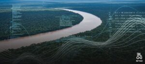 Representação da Floresta Amazônica com sobreposições de dados digitais, simbolizando a união de tecnologia e sustentabilidade na COP30.