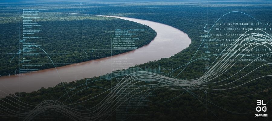 Representação da Floresta Amazônica com sobreposições de dados digitais, simbolizando a união de tecnologia e sustentabilidade na COP30.