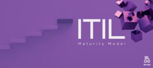 Degraus em fundo roxo representando evolução organizacional e conceito do ITIL Maturity Model com cubos 3D flutuantes.